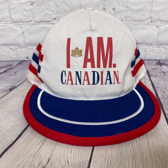 I Am Canadian Trucker Hat Mesh Snapback Red White Blue 3 Stripes Molson Brewery - Picture 5 of 8